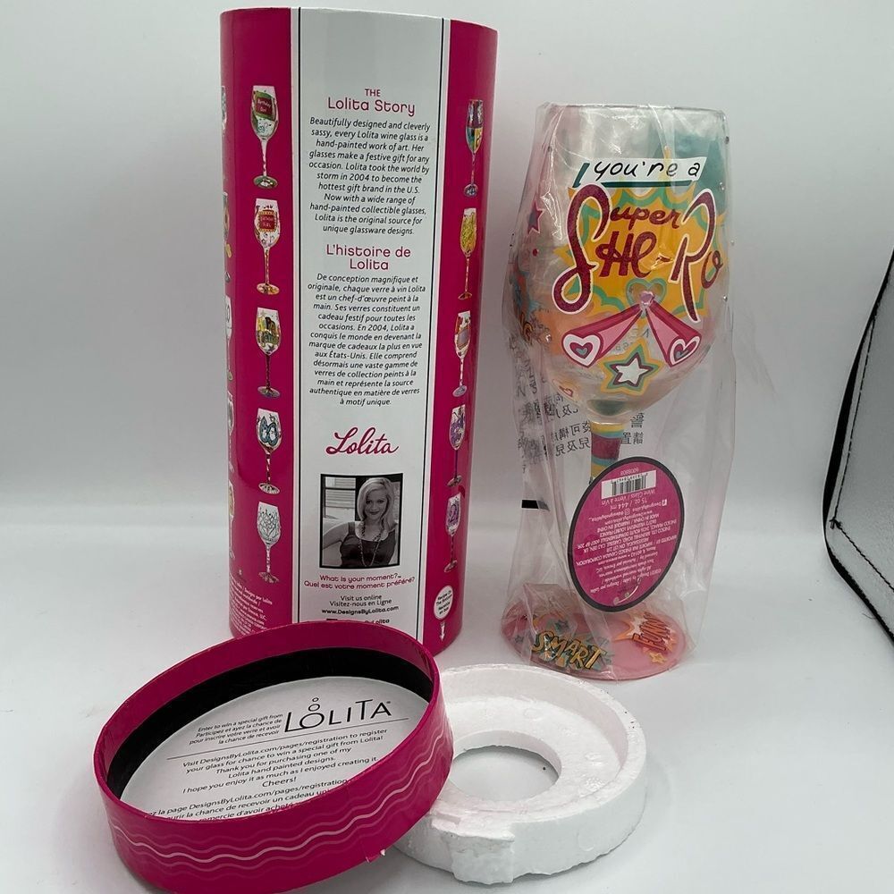 Lolita "You're a Super He-ro" hand-painted wine glass New in box